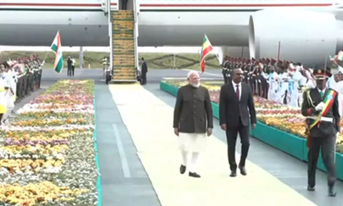 PM Modi arrives in Addis Ababa, received by Ethiopian counterpart at airport PM Modi arrives in Addis Ababa, received by Ethiopian counterpart at airport