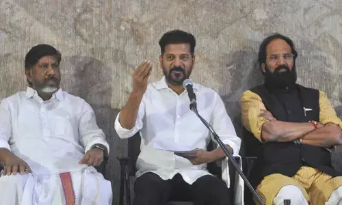Chief Minister A Revanth Reddy, along with Deputy CM Bhatti Vikramarka and Irrigation Minister N Uttam Kumar Reddy, addressing the press in Hyderabad on Thursday. Photo: Ch Prabhu Das