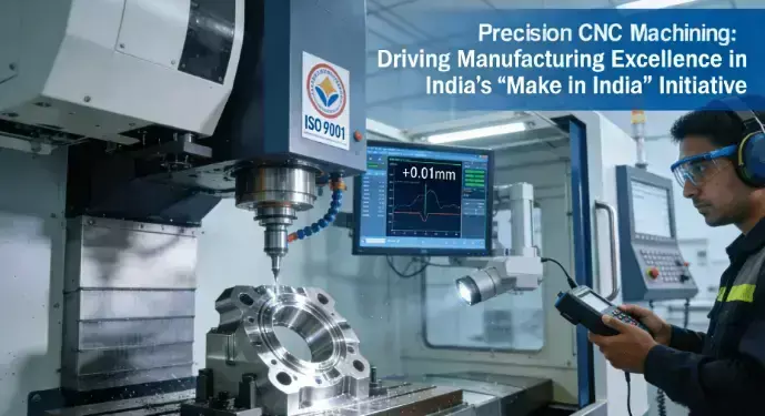 5-axis CNC machining center operating in clean room environment with real-time quality monitoring, showing ±0.01mm tolerance control for aerospace components manufacturing in India