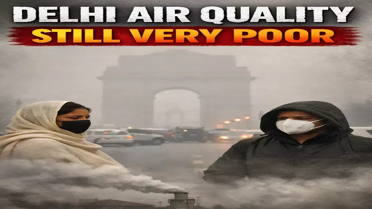 Delhi’s air quality continues to stay in the “very poor” category, even after slight improvement.