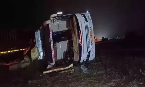 Three killed as private bus catches fire after collision with lorry in Nandyal District Three killed as private bus catches fire after collision with lorry in Nandyal District