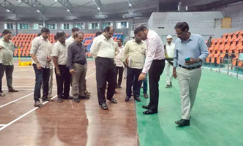 Commissioner inspects works at Swarna Bharati Indoor Stadium