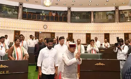 Governor Shiv Pratap Shukla and Chief Minister A Revanth Reddy in the state Assembly  ahead of his joint address to the Telangana Legislature on Monday