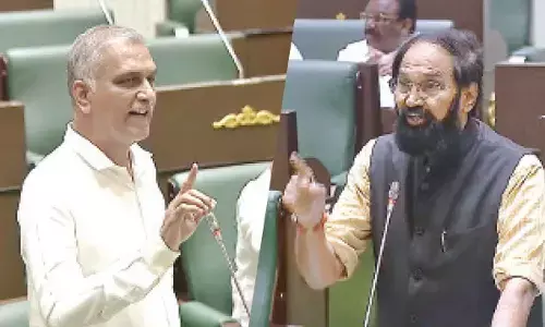 BRSLP deputy leader T. Harish Rao and Civil Supplies Minister N. Uttam Kumar Reddy engage in a heated exchange in the Assembly on Monday over the export of rice to the Philippines