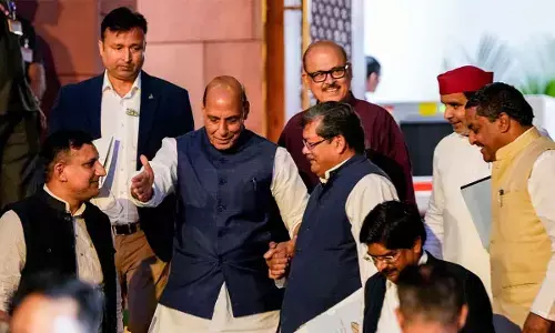 Defence Minister Rajnath Singh, Congress MPs Mukul Wasnik and Tariq Anwar, Samajwadi Party (SP) MP Dharmendra Yadav and others leave after the all-party meeting on West Asia crisis in New Delhi on Wednesday
