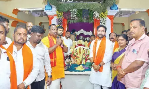 Union Minister Kishan Reddy takes part in Sri Rama Navami celebrations at his native village, Timmapur in Rangareddy district on Friday