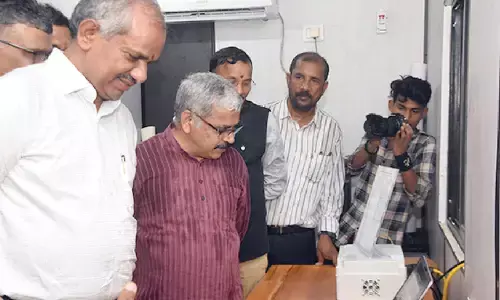 MoES Secretary M Ravichandran, AU Vice-Chancellor GP Raja Sekhar and IITM-Pune Director A Suryachandra Rao at the Coastal Atmospheric Research Testbed facility in Andhra University campus in Visakhapatnam on Friday