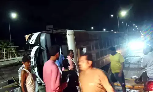 RTC Super Luxury Bus Overturns in Mandamarri, Two Injured