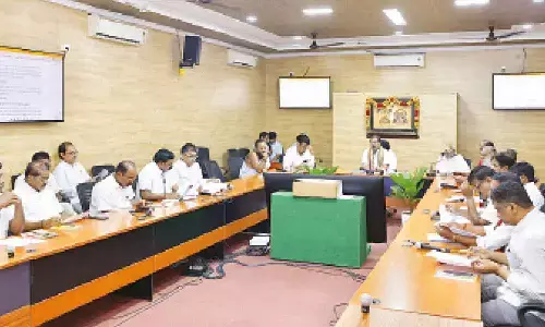 Srisailam temple EO M Srinivasa Rao addressing a meeting on the preparations of month-long Sravana madam celebrations on Thursday