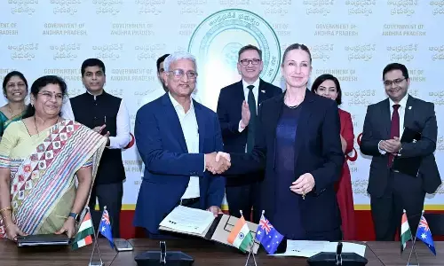 IIT Tirupati, UNSW Sydney and CoEET representatives exchanging the MoU in the presence of Minister for HRD Nara Lokesh in Amaravati on Sunday
