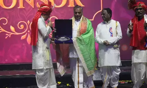 Former Rajya Sabha member and Padma Bhushan awardee Yarlagadda Lakshmi Prasad being felicitated by Silicon Andhra as part of its silver jubilee celebrations organised in Oakland