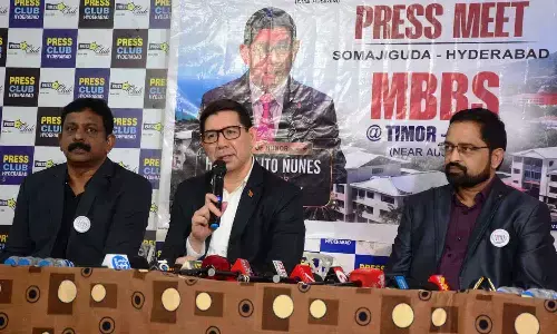 Karlito Nunes, Ambassador of the Democratic Republic of Timor-Leste to India, addresses a press conference on the MBBS programme at Universidade Católica Timorense (UCT), organised by Indian Doctors Destiny India & Overseas at the Press Club in Somajiguda, Hyderabad on Sunday.