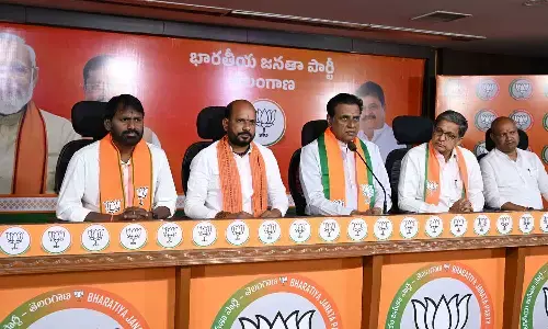 Telangana State BJP official spokesperson NV Subhash addressing the media in Hyderabad on Sunday