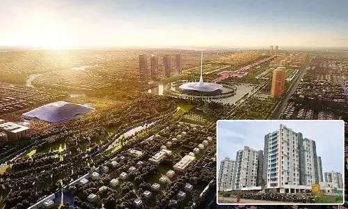 Proposed design of Amaravati (Main Image) - Under construction towers in Amaravati (Inset Pic)