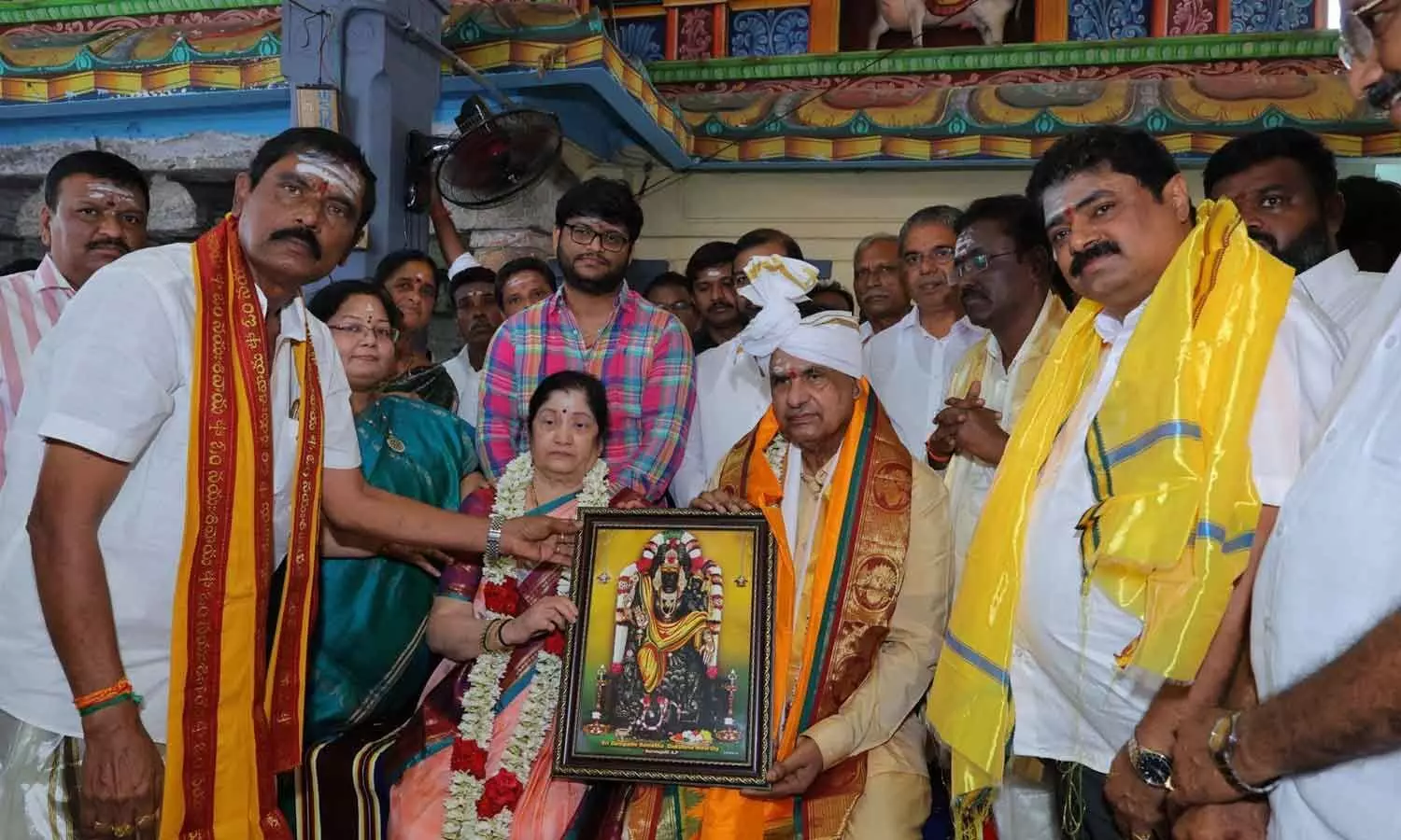 TTD Chairman BR Naidu and his wife receiving Veda Ashirvachanam from Vedic scholars during their visit to Sri Pallikondeswara Swamy Temple in Surutupalli on Monday TTD Chairman BR Naidu and his wife receiving Veda Ashirvachanam from Vedic scholars during their visit to Sri Pallikondeswara Swamy Temple in Surutupalli on Monday