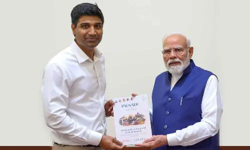 Narasaraopet MP Lavu Sri Krishnadevarayalu submitting a comprehensive report to the Prime Minister Narendra Modi at his official residence in New Delhi on Monday