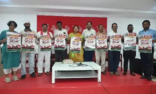 Samyukta Kisan Morcha (SKM) state leaders release a poster announcing the statewide Jail Bharo programme scheduled for August 10, while addressing a press conference in Hyderabad on Monday,