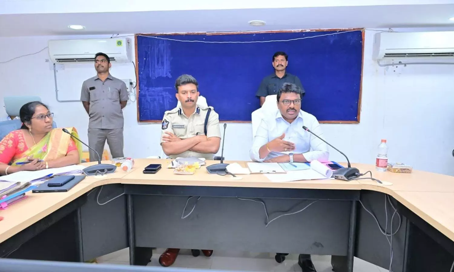 Collector P Raja Babu, SP V Harshavardhan Raju and DTC R Suseela participating in District Road Safety Committee meeting in Ongole on Tuesday Collector P Raja Babu, SP V Harshavardhan Raju and DTC R Suseela participating in District Road Safety Committee meeting in Ongole on Tuesday
