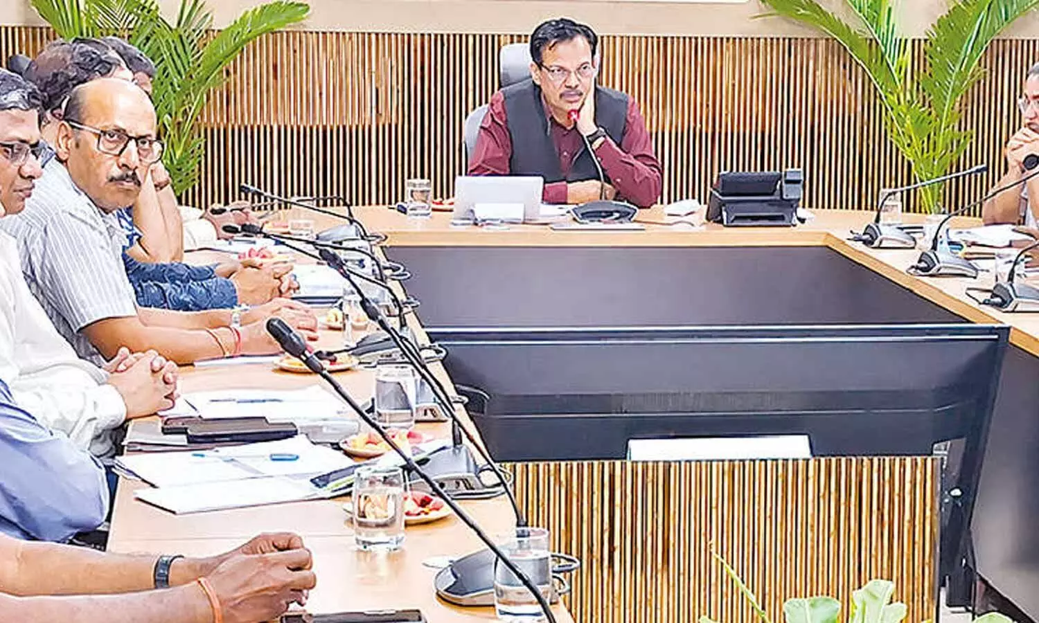General Manager of South Coast Railway Sandeep Mathur speaking at the review meeting held in Visakhapatnam on Tuesday General Manager of South Coast Railway Sandeep Mathur speaking at the review meeting held in Visakhapatnam on Tuesday