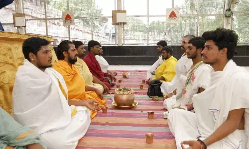 Caption: Vedic scholars performing Varuna Yagam rituals at Srisailam temple on Saturday