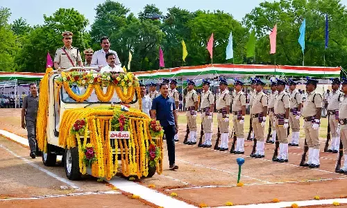 Minister DSBV Swamy, Collector P Raja Babu, SP V Harshavardhan Raju inspecting Guard of Honour at Independence Day celebrations in Ongole on Saturday