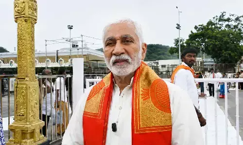 Former MP V Vijayasai Reddy speaking to the media in Tirumala on Wednesday