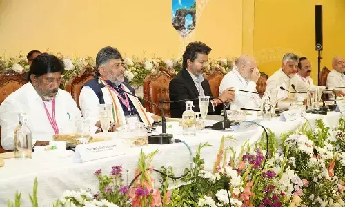 Union Home Minister Amit Shah with Telangana Dy CM Mallu Bhatti Vikramarka, Karnataka CM DK Shivkumar, TN CM Joseph Vijay and AP CM Chandrababu Naidu during the Southern Zonal Council meeting in Mahabalipuram on Thursday