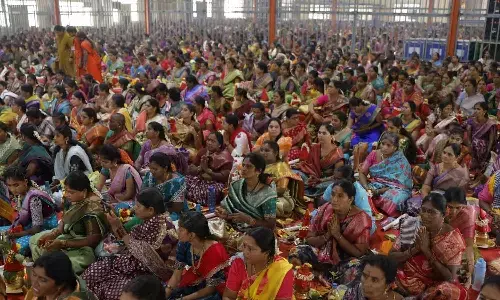 Women participating in the Varalakshmi Vratam at Srisailam on Friday
