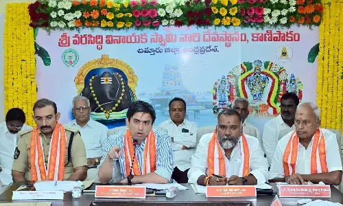 Chittoor District Collector Sumit Kumar, SP Tushar Dudi, MLA K Murali Mohan and temple Chairman V Mani Naidu at the coordination meeting in Kanipakam on Saturday