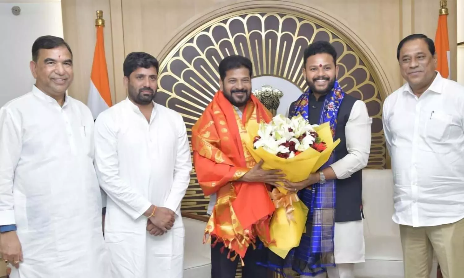 Chief Minister A Revanth Reddy greets Union Civil Aviation Minister Rammohan Naidu at Rajiv Gandhi Bhawan in New Delhi on Wednesday Chief Minister A Revanth Reddy greets Union Civil Aviation Minister Rammohan Naidu at Rajiv Gandhi Bhawan in New Delhi on Wednesday