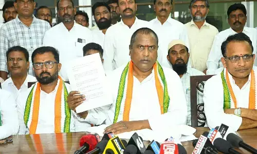Social Welfare Minister Adluri Laxman Kumar addressing the media at his capm office in Dharmapuri on thursday