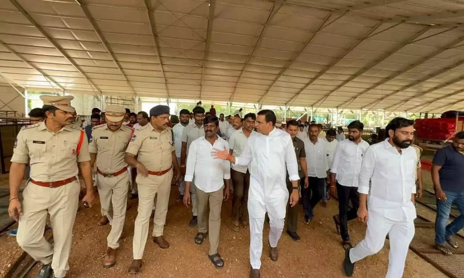 Bhongir MP Chamala Kiran Kumar Reddy and Nakrekal MLA Vemula Veeresham inspect arrangements for the CM’s public meeting in Nakrekal on Friday, ahead of the meeting scheduled for Saturday