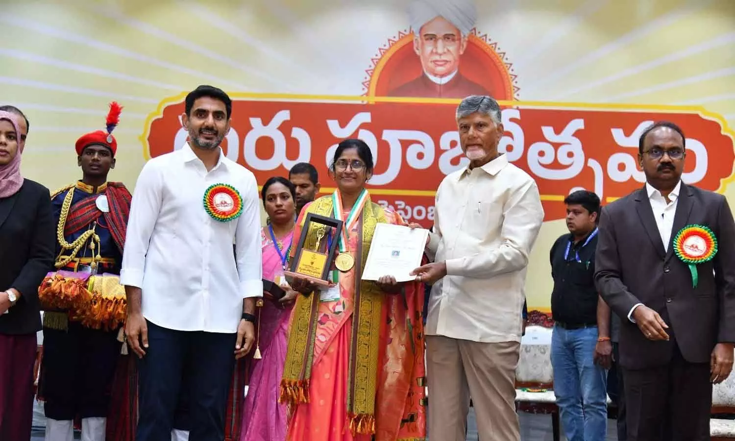 Chief Minister N Chandrababu Naidu honours 175 teachers with ‘Best Teacher Awards’ at an event in Vijayawada on Saturday Chief Minister N Chandrababu Naidu honours 175 teachers with ‘Best Teacher Awards’ at an event in Vijayawada on Saturday