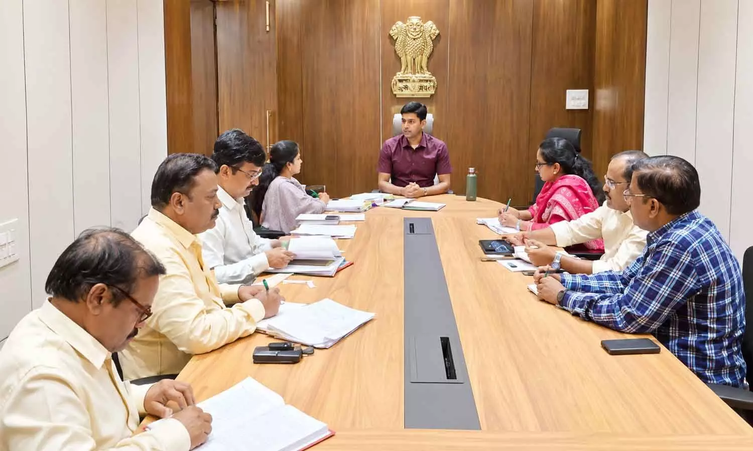 VMC Commissioner HM Dhyanachandra at a review meeting in Vijayawada on Saturday VMC Commissioner HM Dhyanachandra at a review meeting in Vijayawada on Saturday