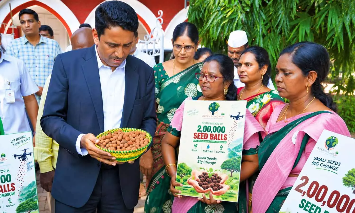 Collector Dr G Lakshmisha examines seed balls along with representatives of One Earth–One Life organisation at the Collectorate in Vijayawada on Monday Collector Dr G Lakshmisha examines seed balls along with representatives of One Earth–One Life organisation at the Collectorate in Vijayawada on Monday