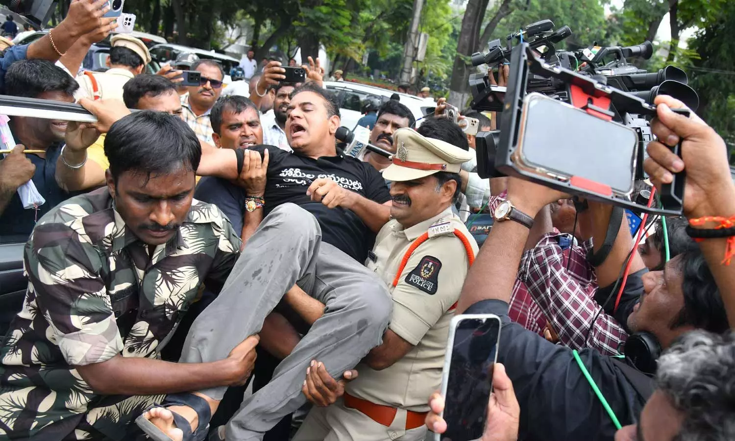 BRS working president KT Rama Rao is being whisked away at the Assembly on Monday BRS working president KT Rama Rao is being whisked away at the Assembly on Monday