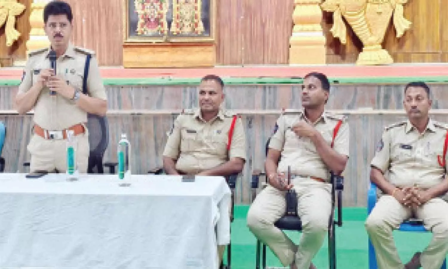 Tirumala DSP Vijaya Sekhar speaking at an awareness meeting on Monday Tirumala DSP Vijaya Sekhar speaking at an awareness meeting on Monday