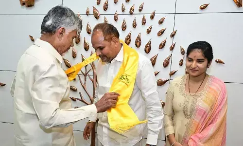 TDP chief and Chief Minister N Chandrababu Naidu welcomes into the parry Vizianagaram ZP chairman and YSRCP leader Majji Srinivasa Rao (Chinna Srinu) at his camp office in Undavalli on Tuesday. Srinu was accompanied by his daughter Siri Sahasra.