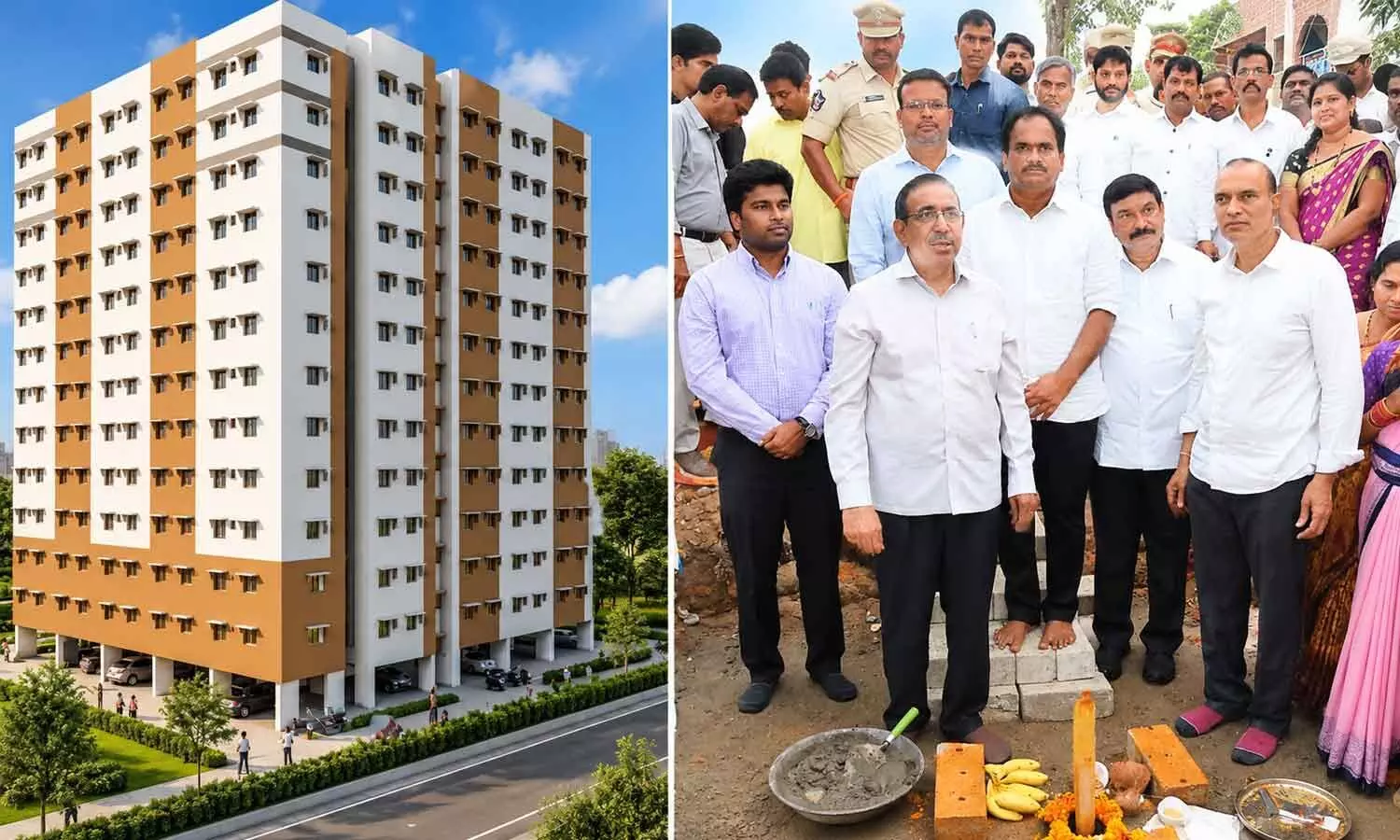A model of the slum redevelopment project at Lakshmi Nagar in Velampeta in Visakhapatnam; Minister P Narayana, at the foundation-stone laying ceremony of the slum redevelopment project in Visakhapatnam A model of the slum redevelopment project at Lakshmi Nagar in Velampeta in Visakhapatnam; Minister P Narayana, at the foundation-stone laying ceremony of the slum redevelopment project in Visakhapatnam