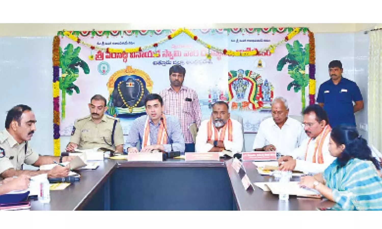 Chittoor district Collector Sumit Kumar, SP Tushar Dudi, Puthalapattu MLA K Murali Mohan and others at a review meeting in Kanipakam on Wednesday Chittoor district Collector Sumit Kumar, SP Tushar Dudi, Puthalapattu MLA K Murali Mohan and others at a review meeting in Kanipakam on Wednesday