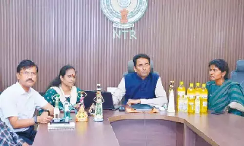 Collector Dr G Lakshmisha, along with other district officials, participating in the Skill Manthan webinar through video conference from the Collectorate in Vijayawada on Wednesday