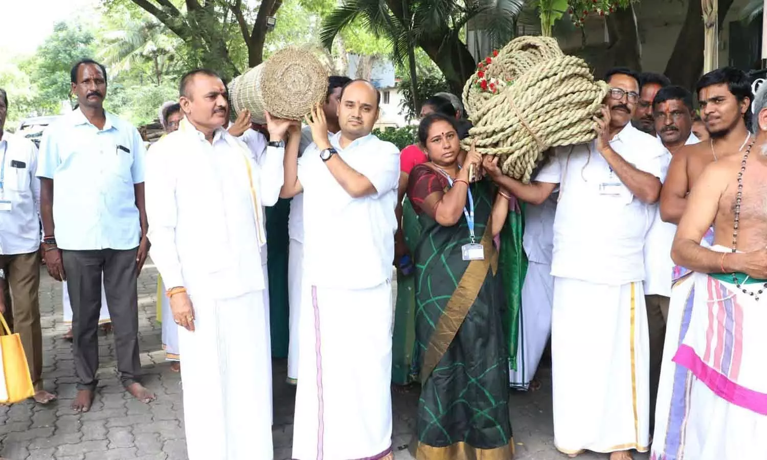 TTD JEO Dr Sharath and forest officials carrying the sacred Darbha mat and rope to Ranganayakula Mandapam ahead of the Brahmotsavams in Tirumala on Saturday TTD JEO Dr Sharath and forest officials carrying the sacred Darbha mat and rope to Ranganayakula Mandapam ahead of the Brahmotsavams in Tirumala on Saturday