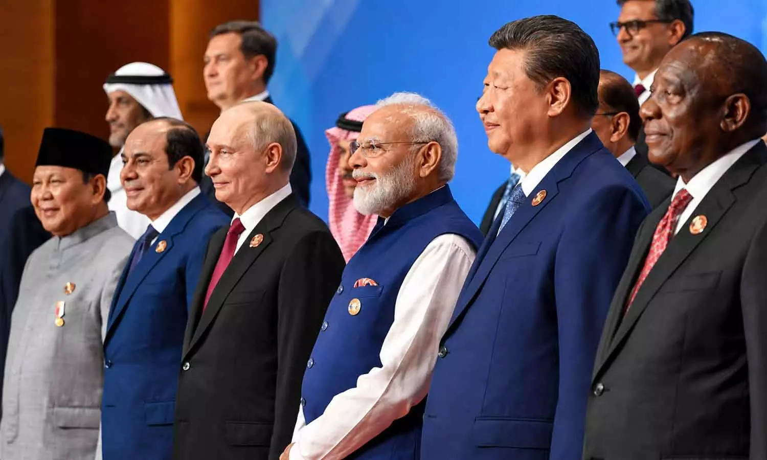 PM Narendra Modi with Russian President Vladimir Putin, Chinese President Xi Jinping, Indonesian President Prabowo Subianto, and others, poses for a group picture on the second day of the BRICS Summit in New Delhi on Sunday PM Narendra Modi with Russian President Vladimir Putin, Chinese President Xi Jinping, Indonesian President Prabowo Subianto, and others, poses for a group picture on the second day of the BRICS Summit in New Delhi on Sunday