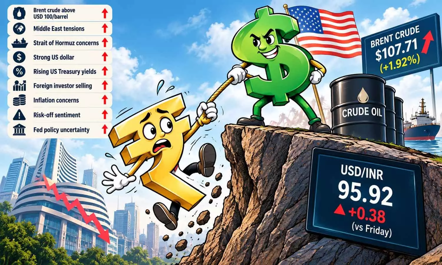 Oil, dollar squeeze rupee; currency ends at 95.92 Oil, dollar squeeze rupee; currency ends at 95.92