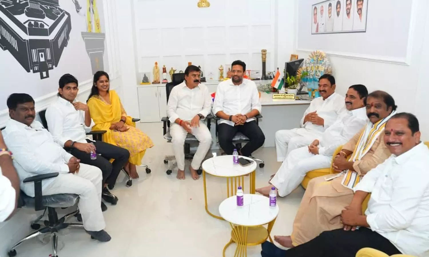 Anantapur MP Ambika Lakshminarayana interacting with District In-charge Minister TG Bharat, MLAs, and public representatives during a get-together dinner in Anantapur on Tuesday Anantapur MP Ambika Lakshminarayana interacting with District In-charge Minister TG Bharat, MLAs, and public representatives during a get-together dinner in Anantapur on Tuesday