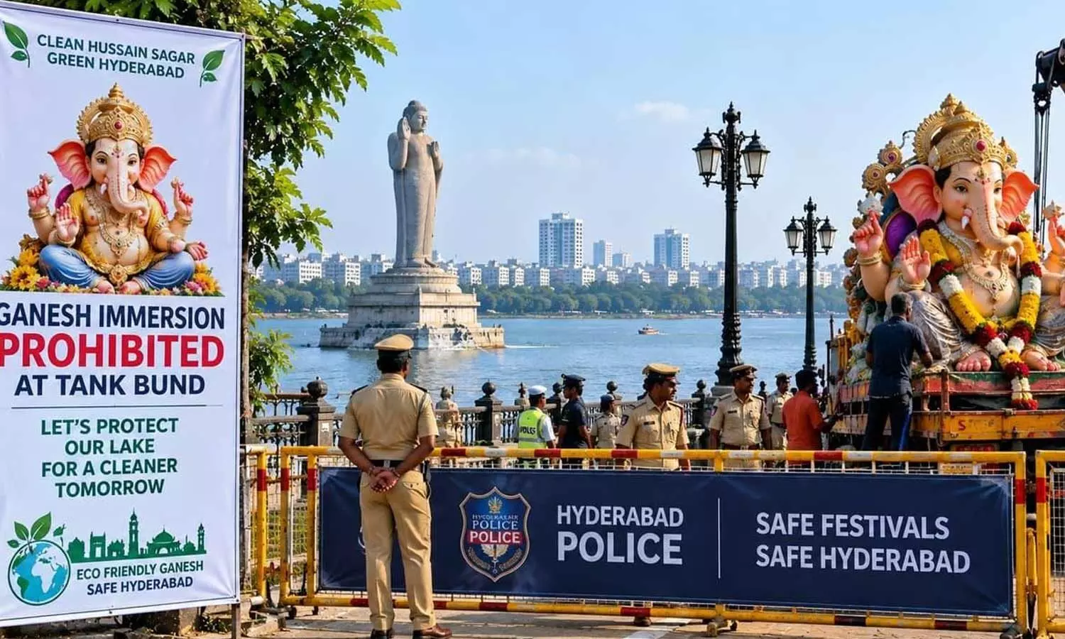 Banners installed banning Ganesh idol immersion at Tank Bund Banners installed banning Ganesh idol immersion at Tank Bund