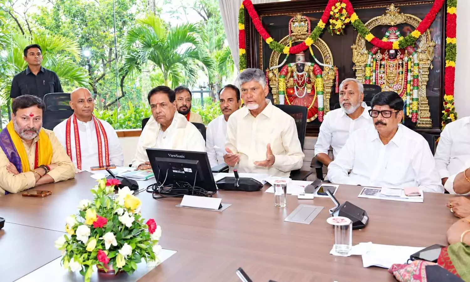 Chief Minister N Chandrababu Naidu addressing the media in Tirumala on Wednesday. Minister A Ramanarayana Reddy, TTD Chairman BR Naidu and EO M Ravichandra are also seen Chief Minister N Chandrababu Naidu addressing the media in Tirumala on Wednesday. Minister A Ramanarayana Reddy, TTD Chairman BR Naidu and EO M Ravichandra are also seen