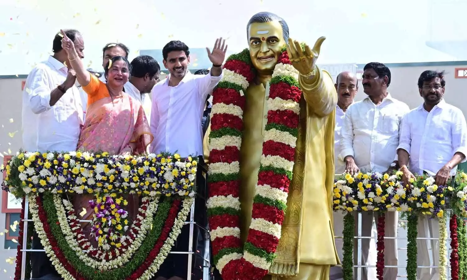 HRD minister Nara Lokesh unveils party founder and former chief minister N T Rama Rao’s statue at Buchireddypalem in Nellore district on Wednesday HRD minister Nara Lokesh unveils party founder and former chief minister N T Rama Rao’s statue at Buchireddypalem in Nellore district on Wednesday