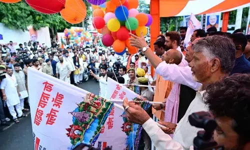 Chief Minister N Chandrababu Naidu, along with NDA leaders, at Varanasi-Vadnagar Seva Sankalp Abhiyan in Varanasi on Thursday