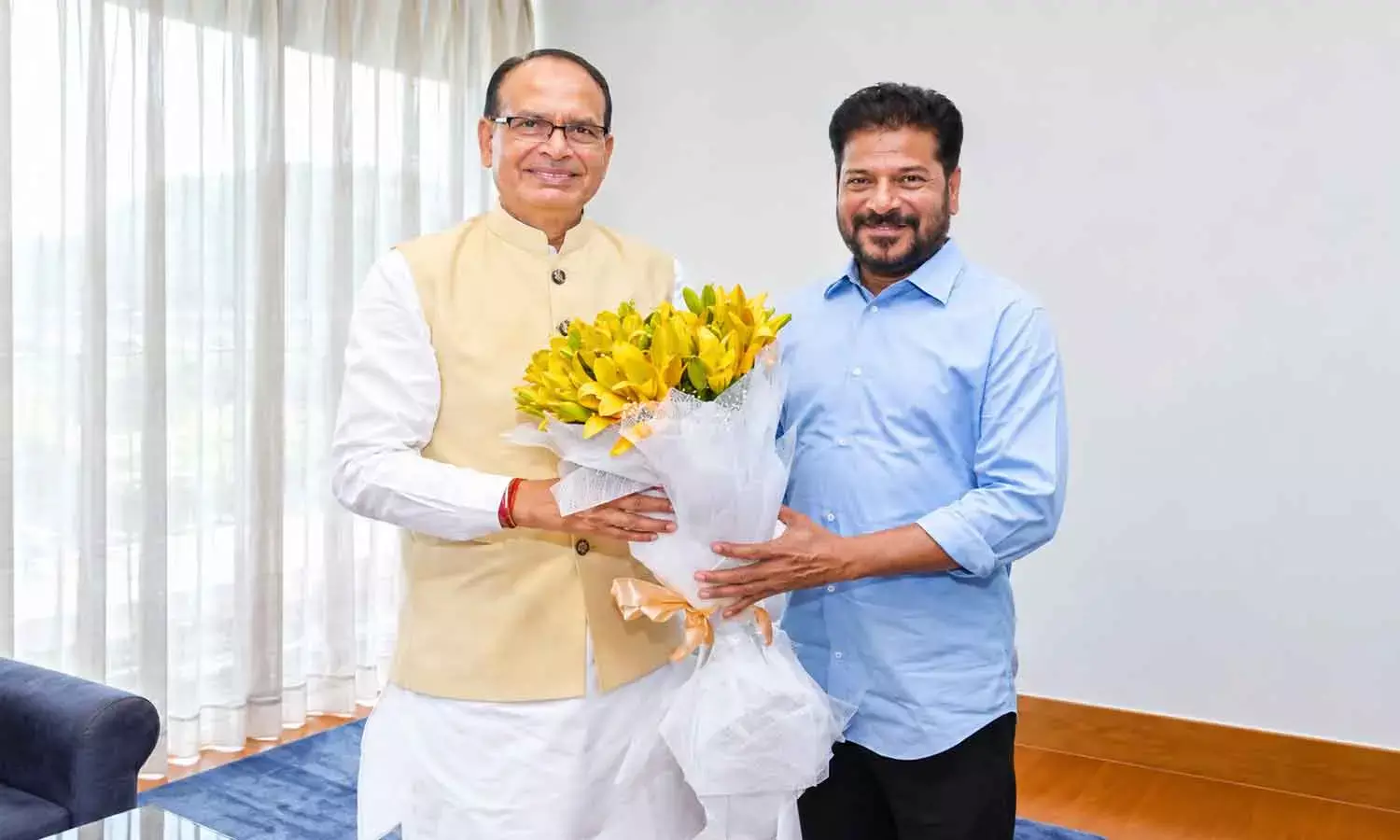 Chief Minister A Revanth Reddy with Union Minister Shivraj Singh Chouhan in Hyd on Friday Chief Minister A Revanth Reddy with Union Minister Shivraj Singh Chouhan in Hyd on Friday